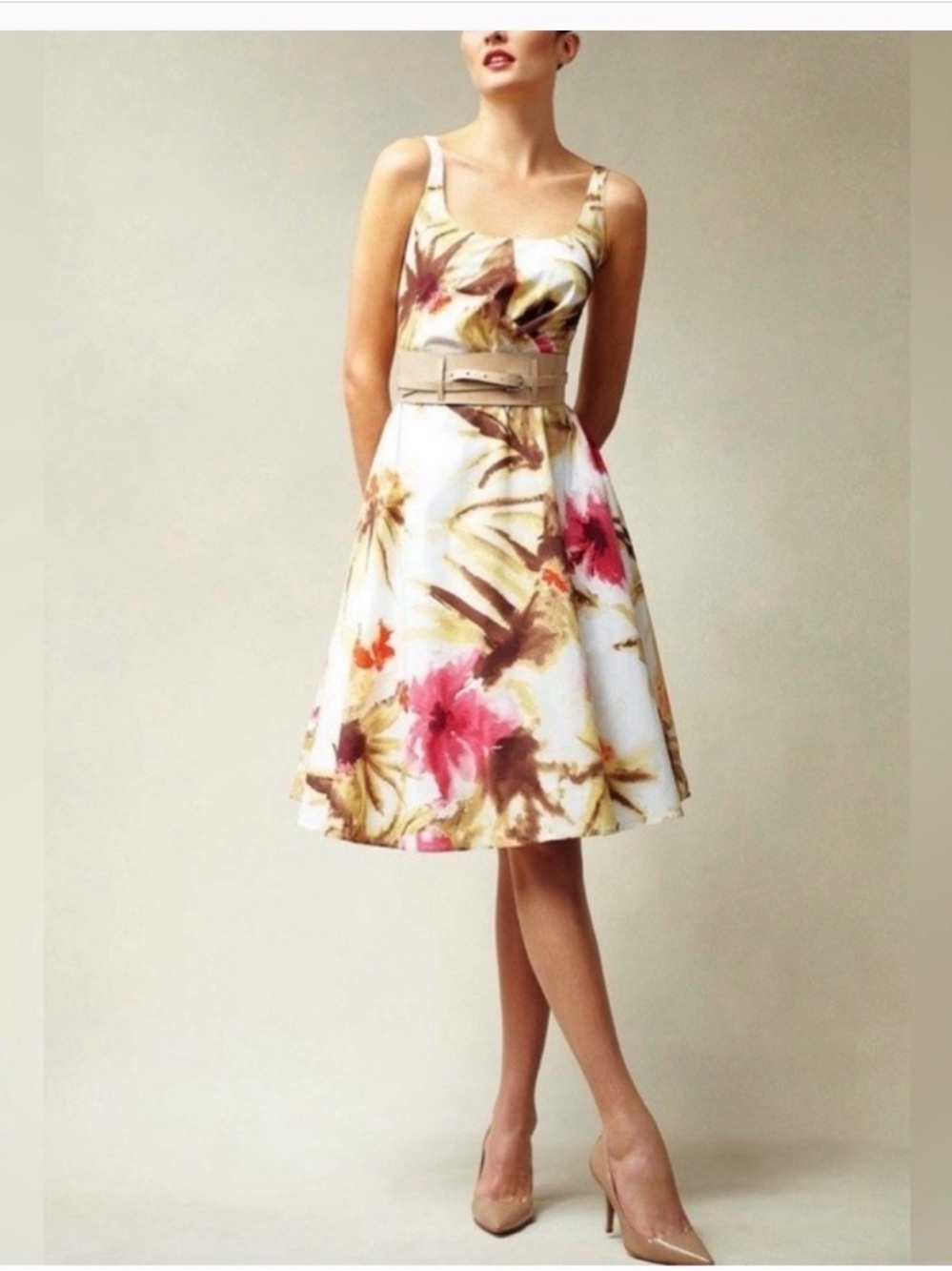 Talbots White Floral Midi Dress with Pink and Tan Accents